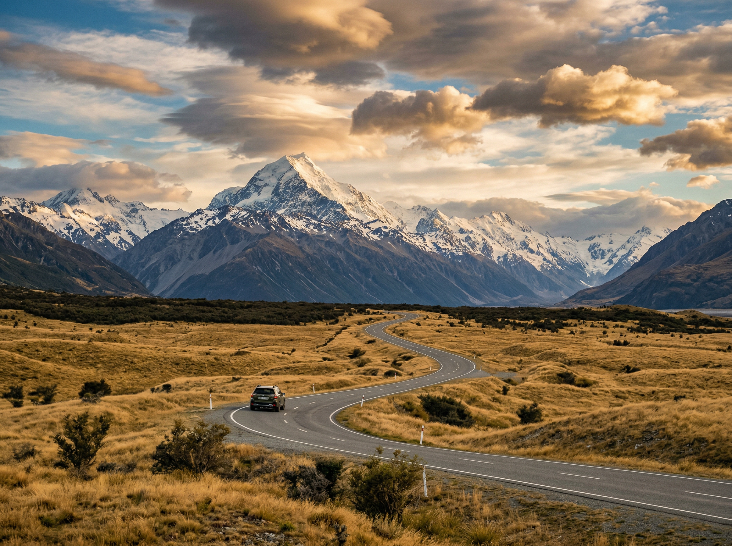 New Zealand mountain road winding through Southern Alps