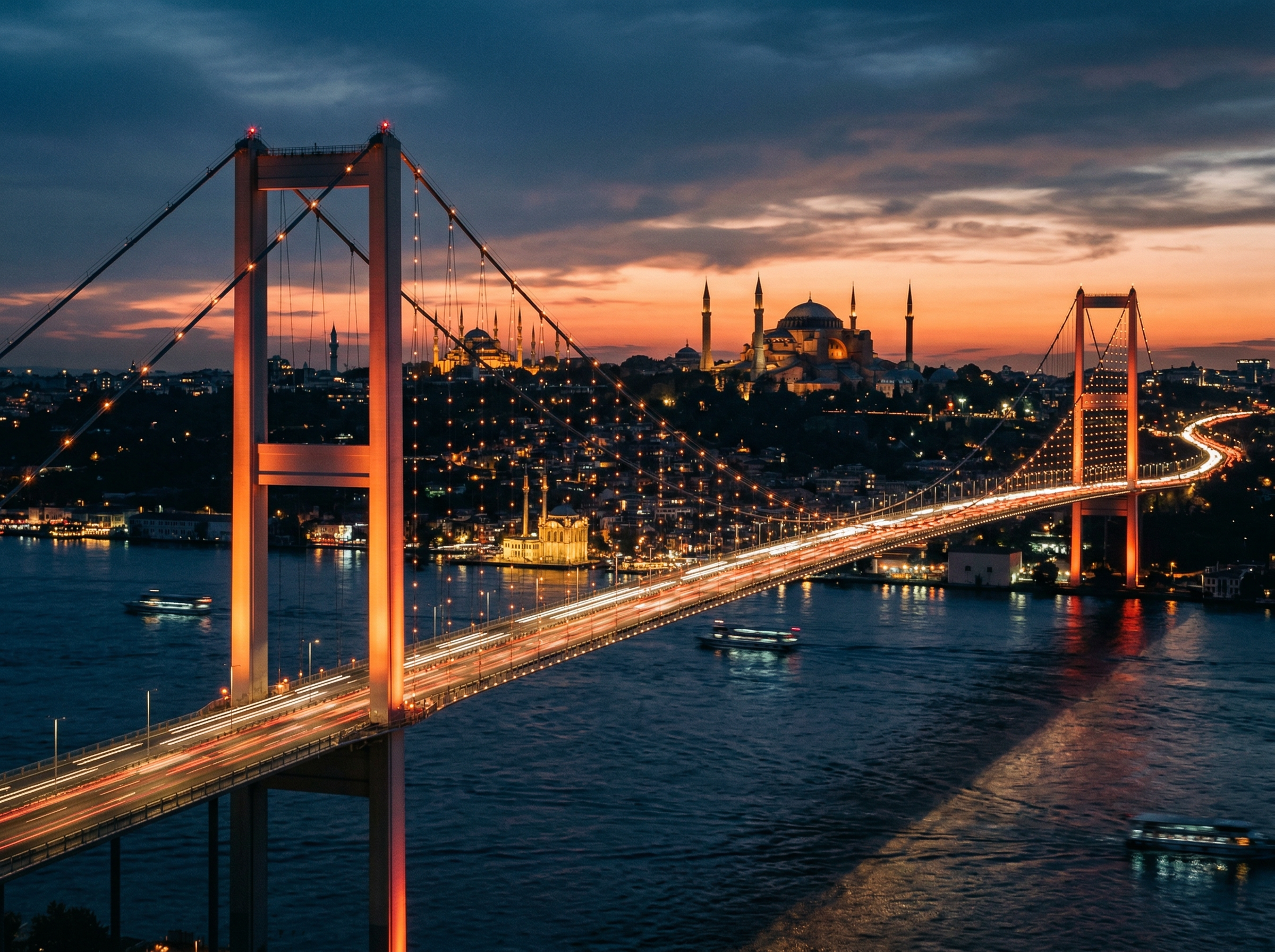 Istanbul Bosphorus bridge illuminated at twilight